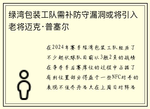 绿湾包装工队需补防守漏洞或将引入老将迈克·普塞尔